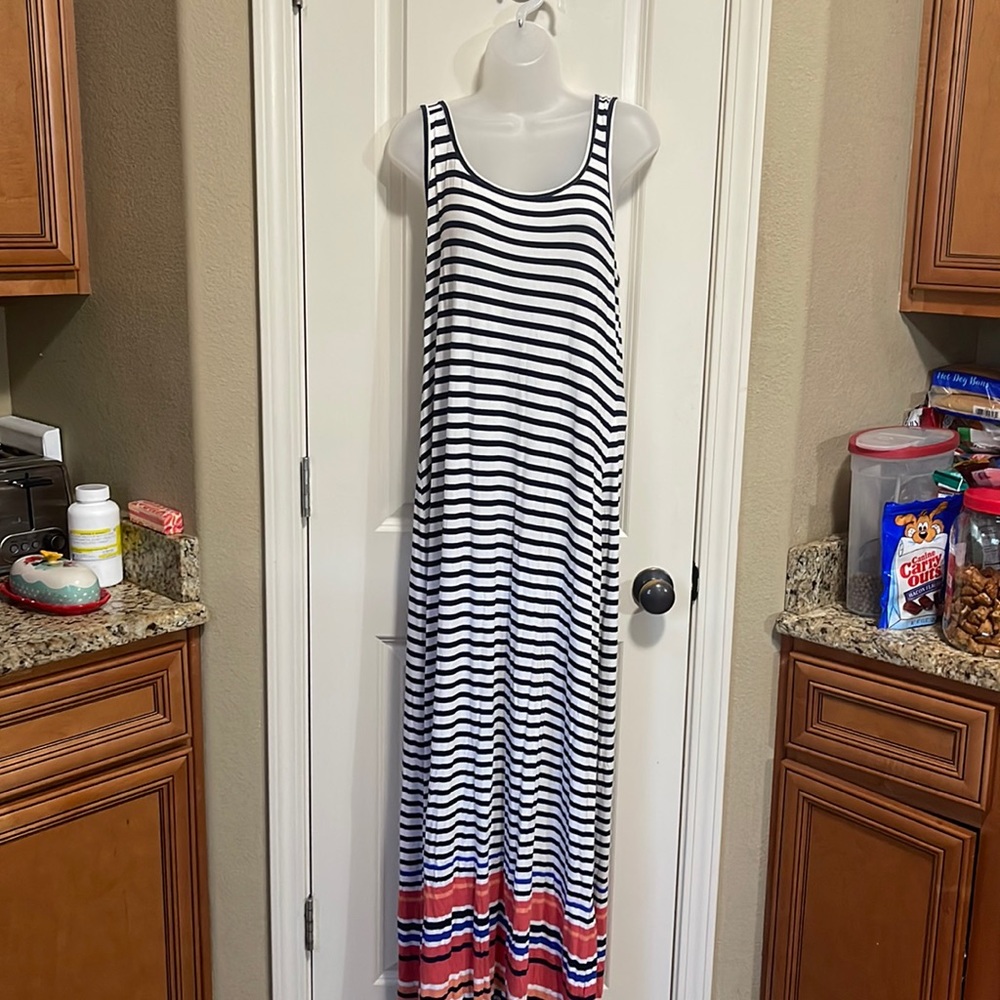 Old Navy blue and white with coral and orange at bottom maxi dress size L